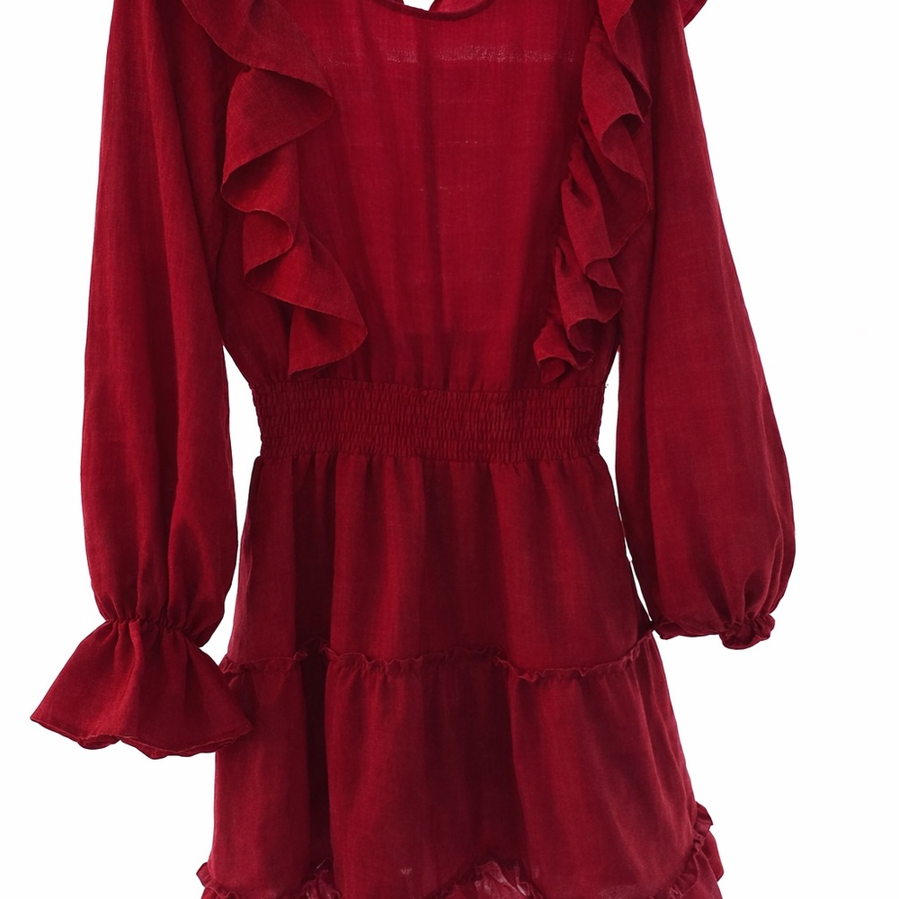 glam Red Ruffle Smocked-Waist Long-Sleeve Dress